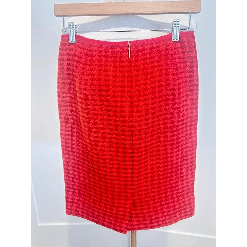 Tory Burch‎ Red Orange Textured Tweed Pencil Skirt Size 0 Gold Logo Zipper